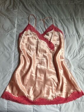Secret Treasures Peach Satin Chemise with Coral Lace Trim